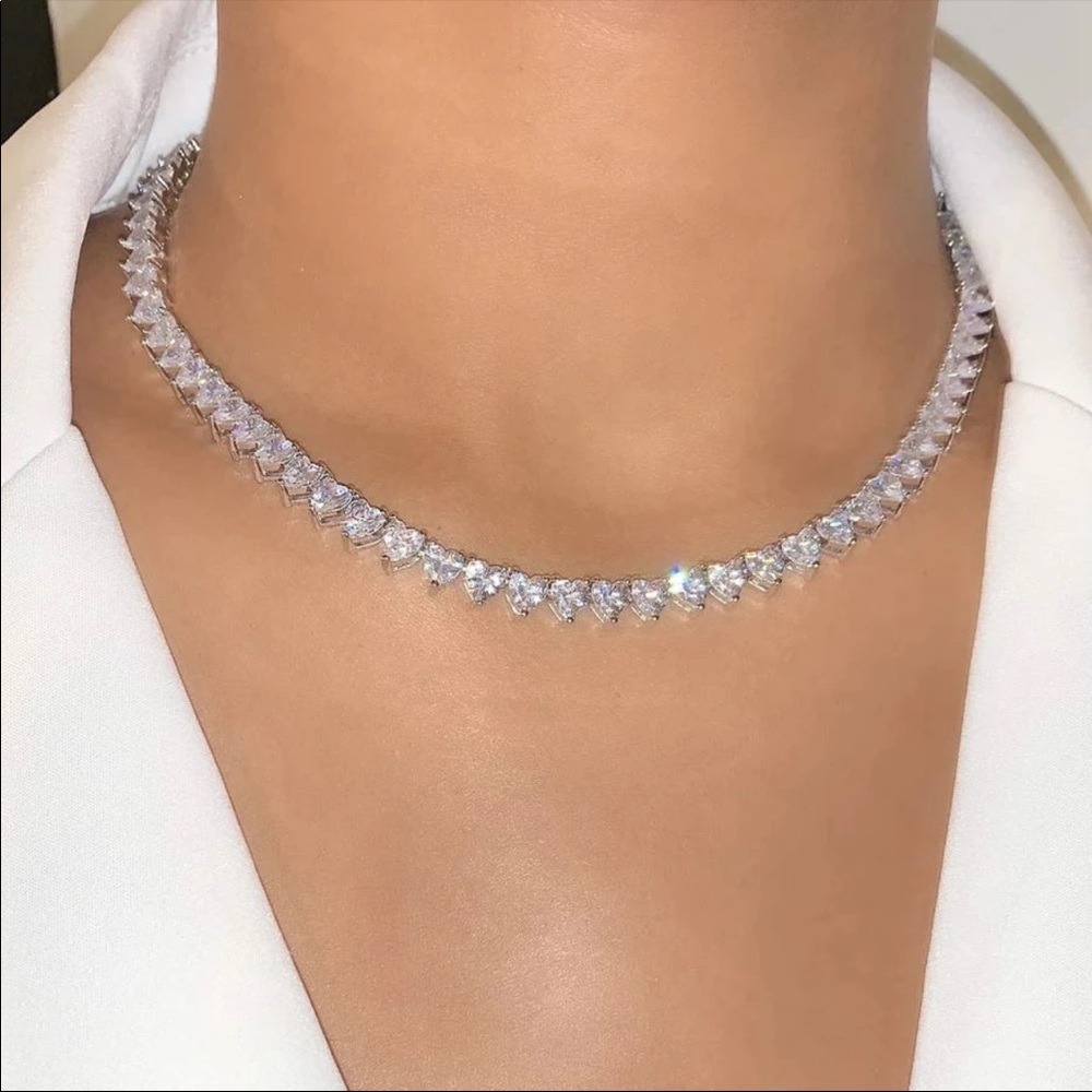 New Silver Plated Heart Tennis Choker Necklace